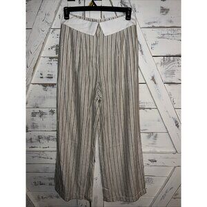 Aakaa Dress Pants Wide Leg Striped Oatmeal Linen Silk Blend High Waisted Large